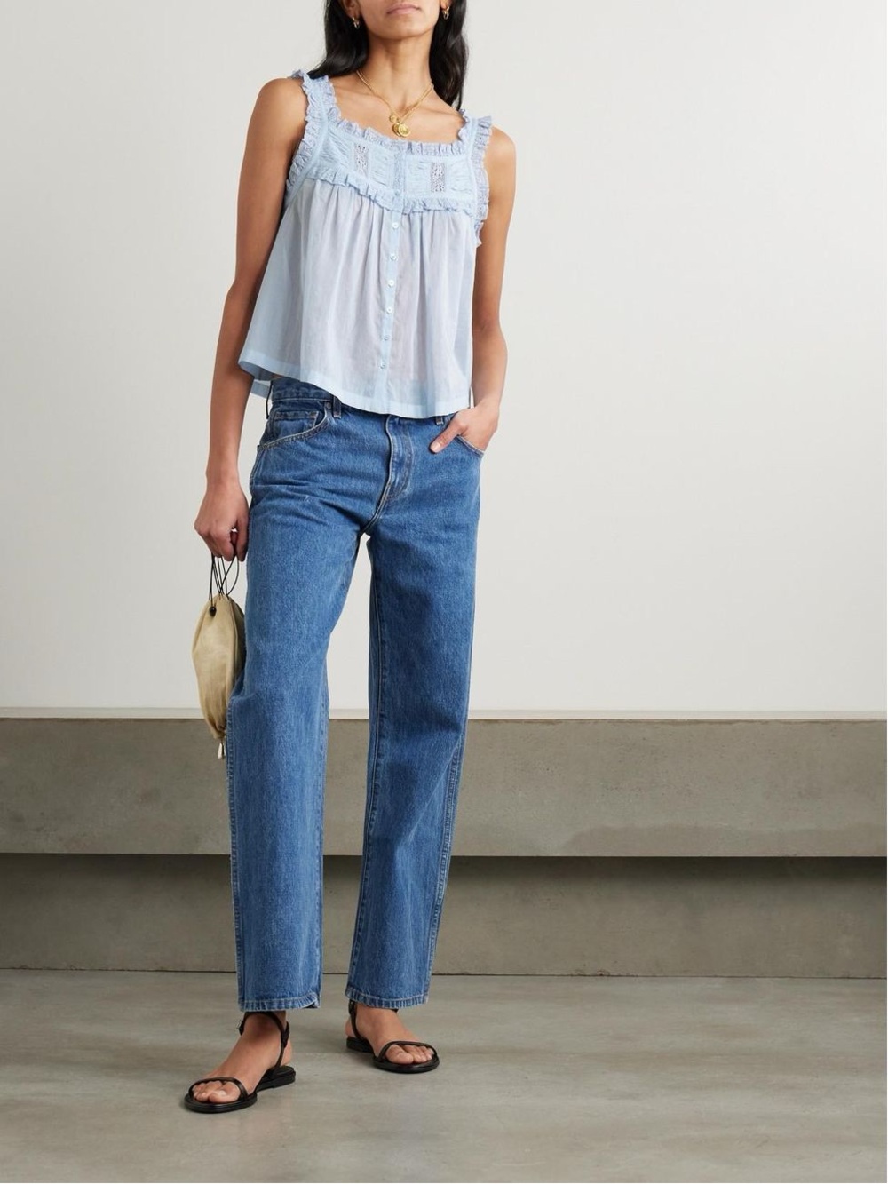 Doen Blue Fidella Cropped Lace-Trimmed Organic Cotton-Voile Top Sz M